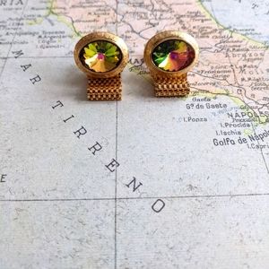 Vintage 1960's Dante Gold Cufflinks w/ Rhinestones (Smokey Quartz?)
